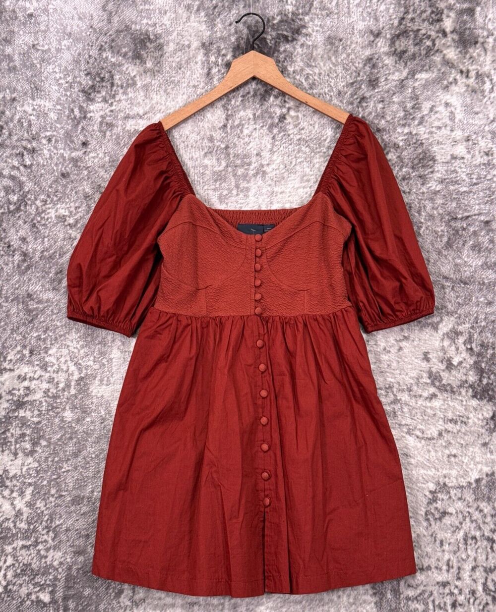 Anthropologie Dress Medium Womens Maeve Puff Sleeve Sweetheart Burnt Red Orange